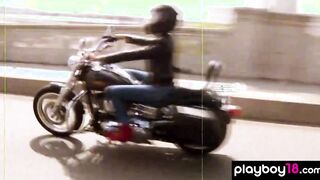 Long boobed biker goddess Jaclyn Swedberg stripping on a chopper