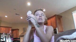 pov blonde 18 yo blowing penis after pose camera