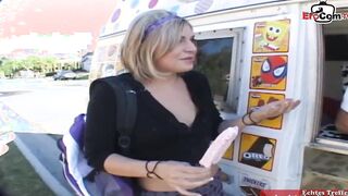 Blonde eighteen with tiny boobs wears a skirt and gets
