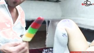 Blonde eighteen with tiny boobs wears a skirt and gets