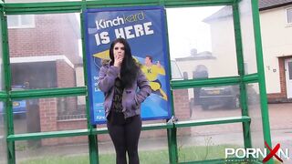 Hottie dark hair sexy Lucia Love peeing into outdoors