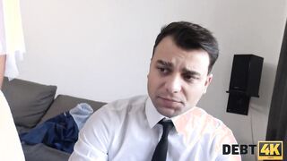 DEBT4k. Curly blonde is dig sex while cuckold watches