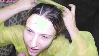 Turned On Mistress Offered Head with Raincoat Into Shower With Cum