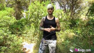 Dark Haired hot bangs her friend int the middle of nature.