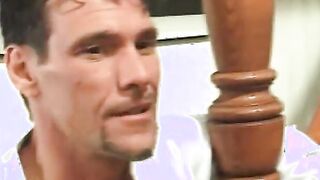 Blond teens doing double penetration on stairs