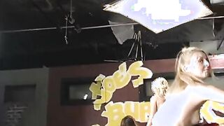 A group of lusty lesbians into Bombshell gear banged with dildos into bed