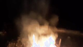 Cum inside her mouth into the forest outside by the fire