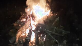 Cum inside her mouth into the forest outside by the fire