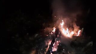 Cum inside her mouth into the forest outside by the fire