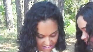 Babes by the trees lick pussy and use sex toy to fucked snatch