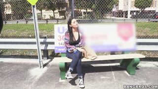 She's waiting at the bus stop and a man surprises her.