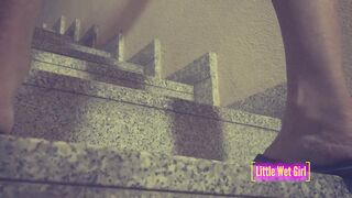 Desperate pee inside shorts and lingerie on the stairs