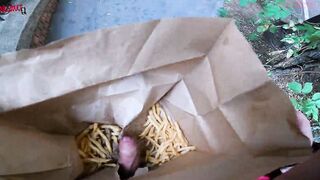 Outside double hand job inside the fries bag... I'm jerking it!