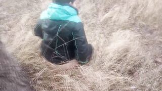 She pissed under a tree. Piss pouring out of twat