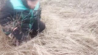 She pissed under a tree. Piss pouring out of twat
