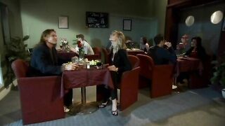Blond bimbo is nude and rides a penis inside restaurant