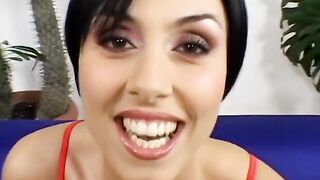 Short-haired dark haired takes 2 dicks and facials