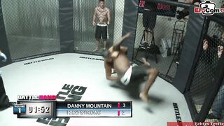 Dark Haired bimbo with huge boobies fucking a boxer into the ring