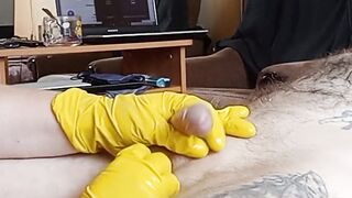 fat chick jerks off my penis into gloves and with oil #2