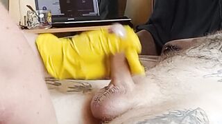 fat chick jerks off my penis into gloves and with oil #2