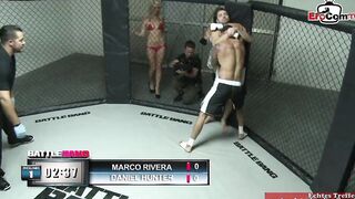 Thin inked blonde with tiny boobies fucks inside a boxingring