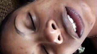 Ebony stud shaves bushy twat of inked black slut