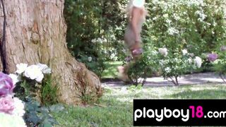 Bombastic all natural blondie Olivia Paige stripping inside the woods