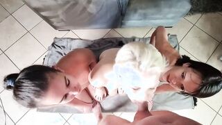 3 women sharing penis by sucking off and jerking off penis