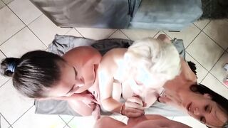 3 women sharing penis by sucking off and jerking off penis