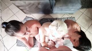 3 women sharing penis by sucking off and jerking off penis