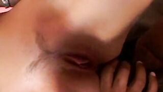 Ebony and white men pound dark haired into 3some