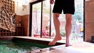 My stepson takes out his long penis on the terrace,