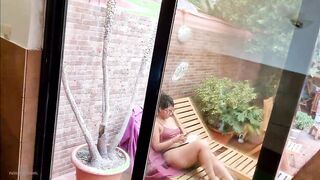 My stepson takes out his long penis on the terrace,