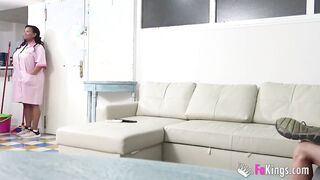 Big Tit cleaning lady cleans her client's dick with her tongue
