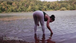 Beach MILF into transparent pants