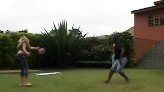 Curly latin blonde gets all her holes penetrated on grass