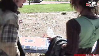 Thin dark haired inked sluts outside with her BF