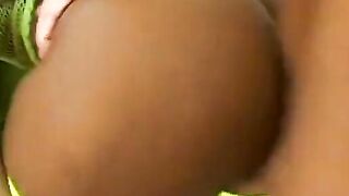 Big Boobed goddess into fishnets blows and takes 3 dicks on lounge