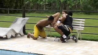 Beauty tanned hispanic whore takes 2 dicks public