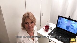 TUTOR4K. Young man poured tea on teachers clothes to make her strip