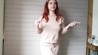 Sweet talk pissing desperation while smoking and pee into leggings