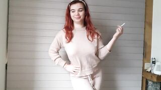 Sweet talk pissing desperation while smoking and pee into leggings