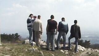 Red Haired gang plowed outside on hill