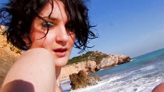Cougar step milf dark hair with natural boobs has anal sex by the sea