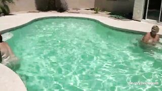 It's the pool boys lucky day he fucks two long white BBW chicks