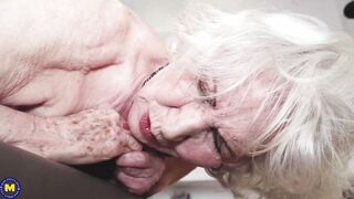 Older bushy old lady meets strong young dude