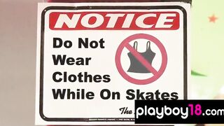 Badass petite babes practicing to win a naked roller skate