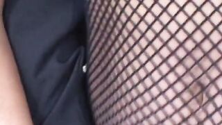 Dark Hair into fishnet pantyhose allows penis to explore her
