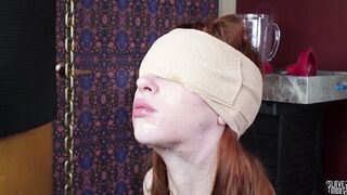 Blindfolded cum addicted ginger slavegirl gagging penis