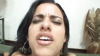 Spanish skank gets all holes banged and drinks cum from glass